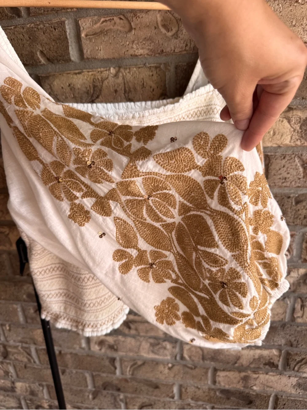 Anthropologie Embroidered Smocked Puff Sleeve Crop Top Ivory Gold Floral 2X
